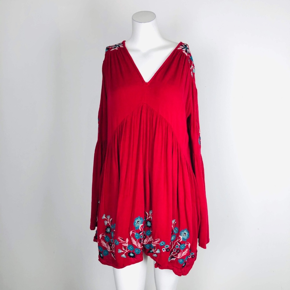 Free People Te Amo Red Peasant Mini Dress Bell Slv - Picture 6 of 8